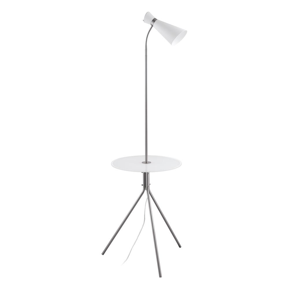 1 LT Floor Lamp w/ Matte Nickel Finish & White Metal Shade w/ White & Clear Glass Table Top