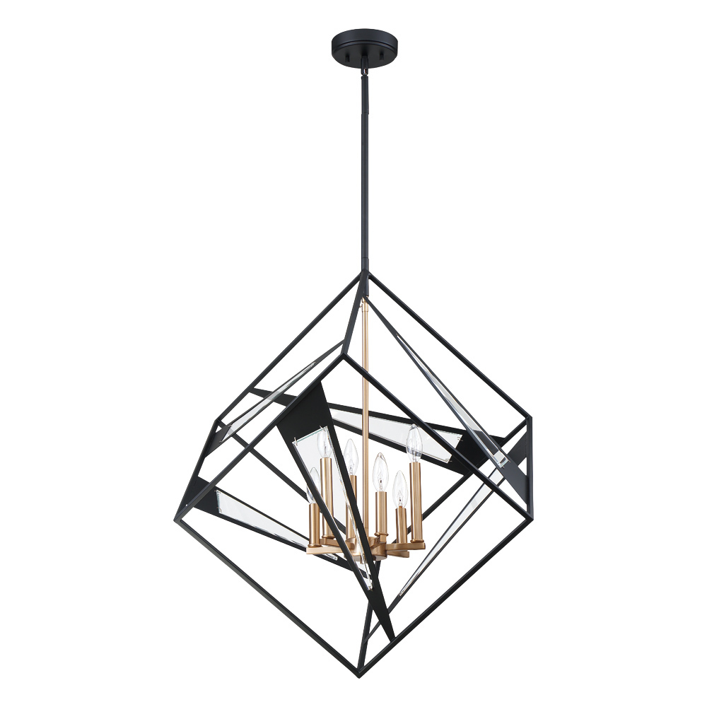 6 LT Geometric Open Frame Pendant w/ Black Finish w/ Gold & Clear Glass Accents
