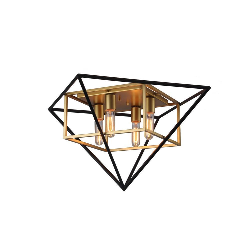 4 LT Geometric Open Frame Ceiling Light w/ Antique Gold & Black Finish