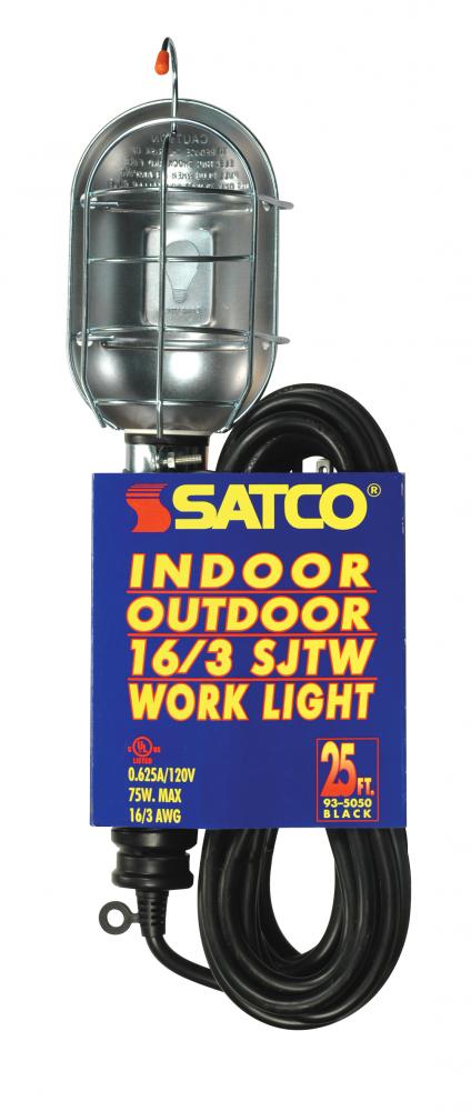 25 Foot, 3 Wire Black Metal Trouble Light With Cage And Yellow Outlet; Indoor And Outdoor Use;