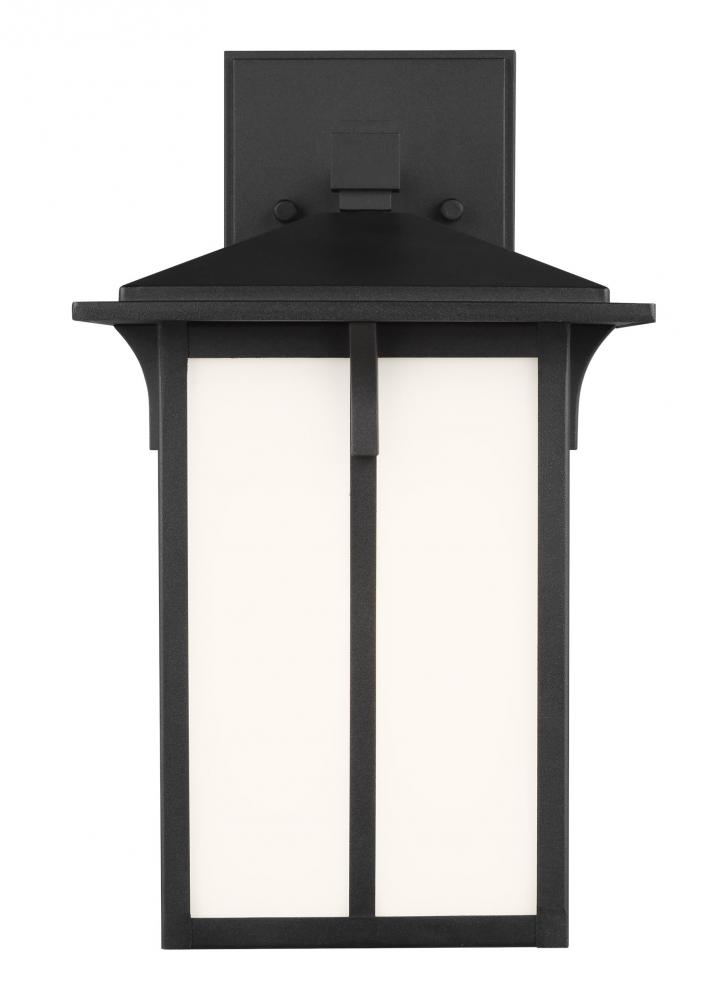 Tomek modern 1-light LED outdoor exterior small wall lantern sconce in black finish with etched whit