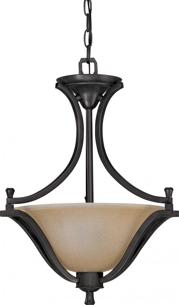 2-Light Small Hanging Pendant Light Fixture in Mountain Lodge Finish with Toasted Honey Glass