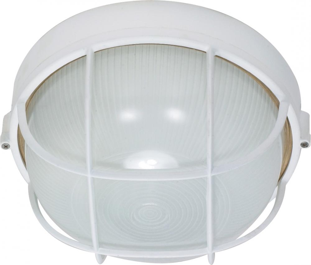 1-Light Round Caged Die-Cast Bulkhead Light in Semi Gloss White with Glass Lens and (1) 18W GU24
