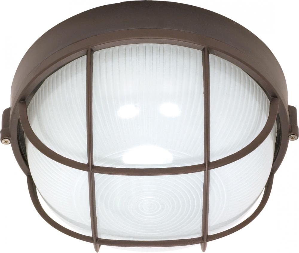 1-Light Round Caged Die-Cast Bulkhead Light in Architectural Bronze with Glass Lens and (1) 18W GU24